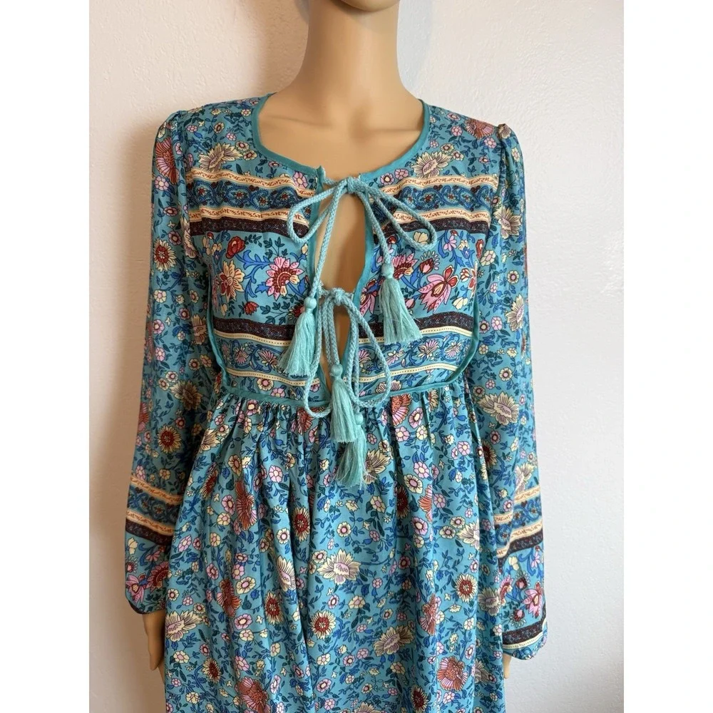Y2K Blue Floral Tassel Tie Long Sleeve Cottage Bohemian Womens Midi Dress Sz M